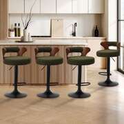 4x Bar Stools Gas Lift Swivel Chairs Wooden Boucle Green