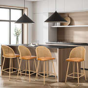 4x Bar Stools Rattan Dining Chair Natural PU Brown