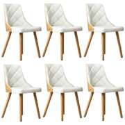 6x Wooden Dining Chairs with White Leather Padded Seats for Dining Room