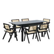 7 Piece Dining Table With Chairs Wooden Rattan Dining Set Black