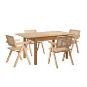 5pc Dining Table and Chairs Set Wooden Rattan Style Natural Finish