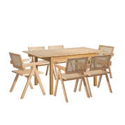 7pc Dining Table and Chairs Set Wooden Rattan Style Natural Finish