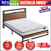 King Bed Frame LED USB Storage Metal with Mattress Brown
