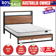 Industrial Metal Bed Frame Queen with LED, 4 Storage Drawers, USB & Mattress 219cm x 153cm