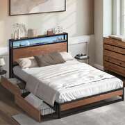 Metal Bed Frame Queen LED Storage Headboard USB Charging & 4 Drawers