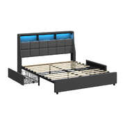 Double Bed Frame With Headboard RGB LED Lights USB Charging Drawer