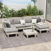 7PCS Outdoor Sofa Set Wooden Lounge Setting Table Chair