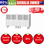 2x Buffet Sideboard Cupboard Glass Doors White