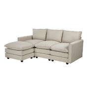 Modular 3-Seater Sofa Set Corduroy Couch with Ottoman Beige Thick Cushion 188cm