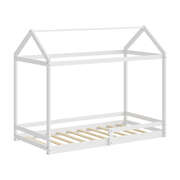 Kids Wooden Bed Frame House Frame Timber with Fence Single White