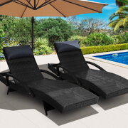 2X Adjustable Wicker Beach Chair Armrest Black