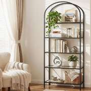 5-Tier Industrial Bookcase Glass Shelves Black | EXTG