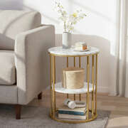 Coffee Table 2-Tier Round Marble Effect White&Gold