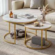 Nesting Coffee Tables Set 2 Marble Round Gold | EXTG