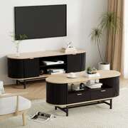 TV Unit Coffee Table Set Drawers Shelves Black Pine | EXTG