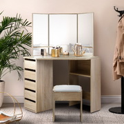 Luxurious Corner Dressing Table Mirror Stool Set Makeup Vanity Desk-Oak