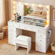 Dressing Table Vanity Desk Set with Stool and LED Bulbs White
