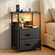 Bedside Table LED Nightstand Charging Station 2 Drawers Foldable Black