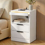 Bedside Table LED Nightstand Charging Station 2 Drawers | EXTG