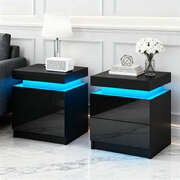 Bedside Table LED 2 Drawers With Lift Up Storage Black