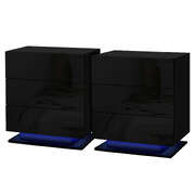 Bedside Table LED 3 Drawers With Shelf Black Finish