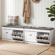 Shoe Bench Set Padded Seat Flip Drawer White | EXTG
