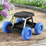Heavy Duty Garden Cart Seat with Wheels Rolling Work Stool Tool Storage Blue/Black