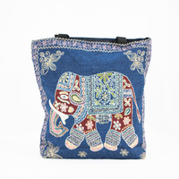 Embroidered Elephant Design Navy Blue Tote Bag