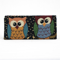Double Owl Black Wallet Purse Horizontal Design
