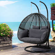 Outdoor Swing Chair Hanging Rattan Pod With Stand and Cushion 2 Seater