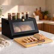 Bamboo Bread Box Cutting Board Storage Black | EXTG