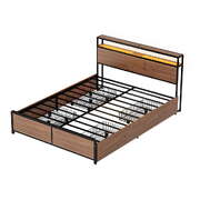 Double Metal Bed Frame With Storage Headboard 4 Drawers LED Lights Charging Station Vintage Brown