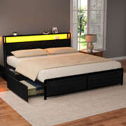 King Metal Bed Frame Storage Headboard with LED Charge Station & 4 Drawers