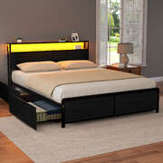 Queen Metal Bed Frame Storage Headboard with LED Charge Station & 4 Drawers