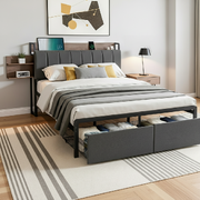 Double Metal Bed Frame With 2-Tier Hidden Storage and Charging Station