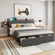 King Size Metal Bed Frame With 2-Tier Hidden Storage and Charging Station