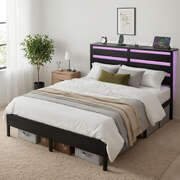 Queen Size Metal Bed Frame With LED Lights And Charging Station