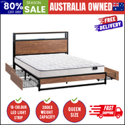 Industrial Metal Bed Frame Queen with LED, 4 Drawers, USB Ports & Mattress 219cm