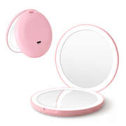 LED Lighted Compact Travel Makeup Mirror 1x And 10x Magnification Round Pink