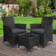 3Pc Outdoor Bistro Set Patio Furniture Wicker Chairs Table Cushion All Black