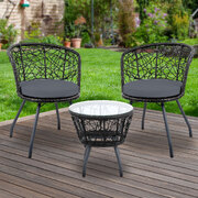 3Pc Bistro Set Outdoor Furniture Rattan Table Chairs Patio Garden Cushion Black