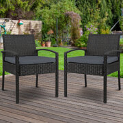 2x Outdoor Dining Chairs Wicker Chair Patio Garden Furniture Lounge Setting Bistro Set Cafe Cushion Black