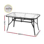 140CM Outdoor Dining Table Steel Frame Tempered Glass Parasol Hole Black