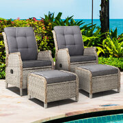 2Pc Recliner Chair Sun Lounge Wicker Lounger Outdoor Furniture Grey