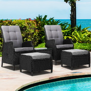 5Pc Recliner Chairs Table Sun Lounge Wicker Outdoor Adjustable Black