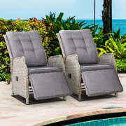 2Pc Recliner Chairs Sun Lounge Wicker Lounger Outdoor Grey