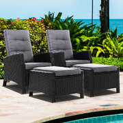2Pc Recliner Chairs Sun Lounge Wicker Lounger Outdoor Furniture Black
