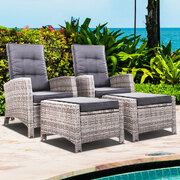2PC Recliner Chairs Sun lounge Wicker Lounger Outdoor Furniture Adjustable Grey