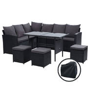 Outdoor Furniture Sofa Set Dining Setting Wicker 9 Seater Storage Cover Black