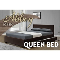 Abbey Queen Size Bed with Side Draw Mat PU Leather Brown 152 x 203cm